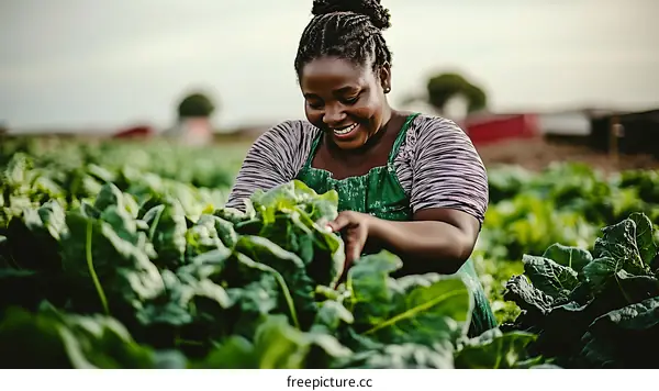 Happy Woman Harvesting Fresh Greens in Field