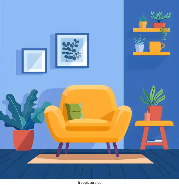 Cozy Living Room with Yellow Armchair and Plants