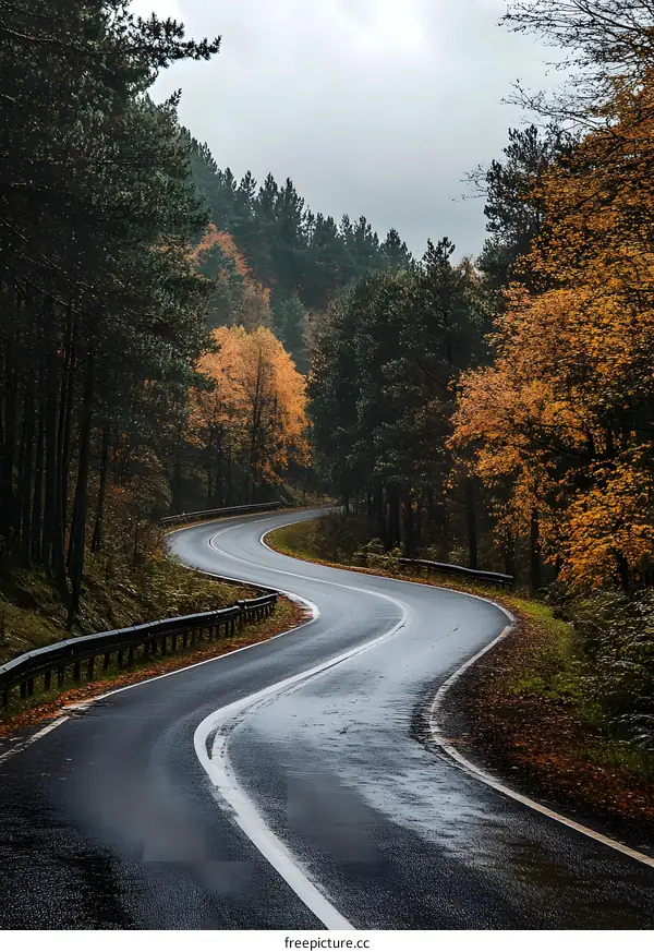 Winding Road Through Autumn Forest