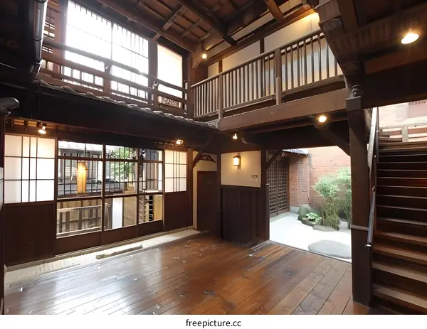 Traditional Japanese house interior with wooden floor and sliding doors