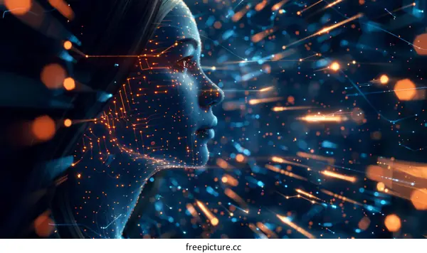 A woman's face is made up of blue and orange lights.