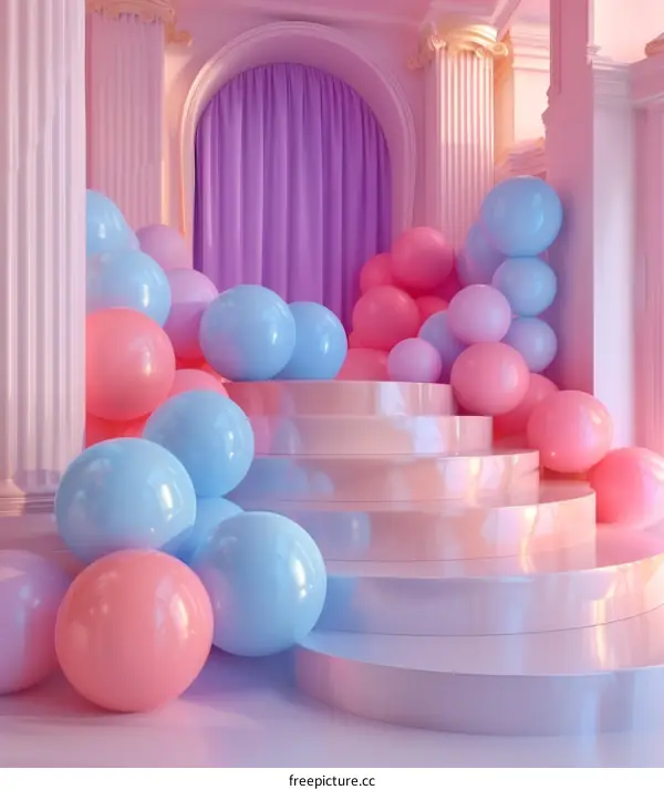 Pastel Pink and Blue Balloon Stairway Illustration