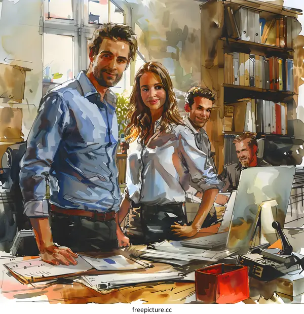 Group of business people standing in an office and smiling at the camera