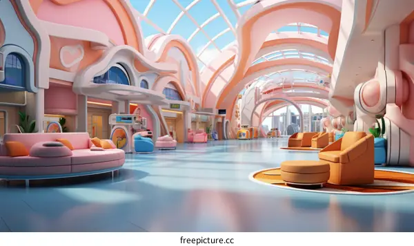 A futuristic airport terminal with a pink and blue color scheme