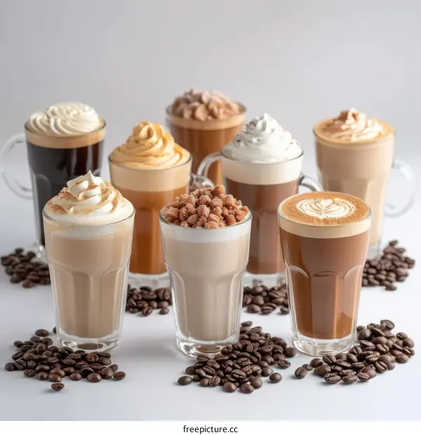 Iced coffee drinks with whipped cream and caramel topping