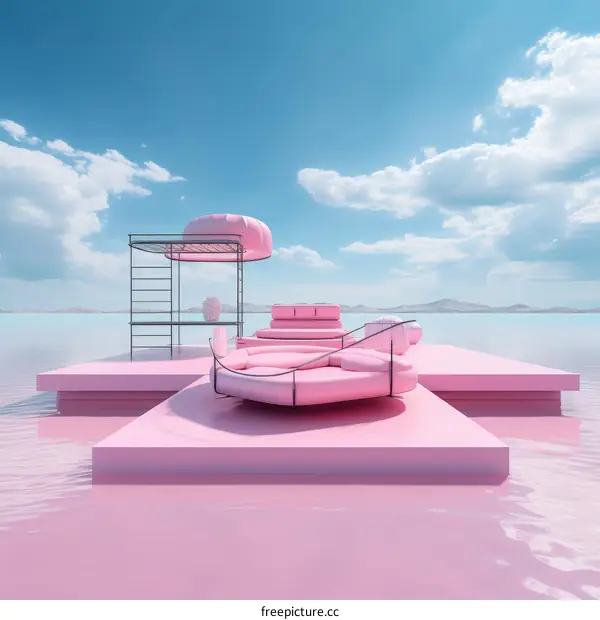 Surreal Pink Floating Platform with Puffy Clouds