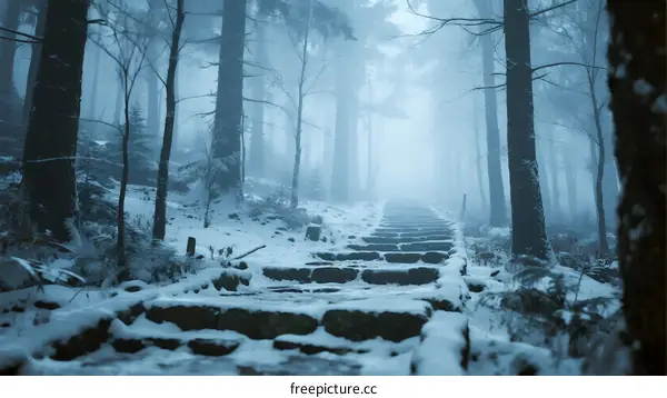 Misty Snow-Covered Forest Path with Stone Steps in Winter
