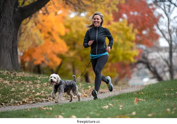 Woman Running with Dog in Autumn