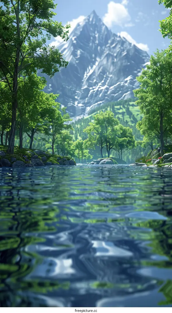 Lush Green Forest with a Flowing Mountain River