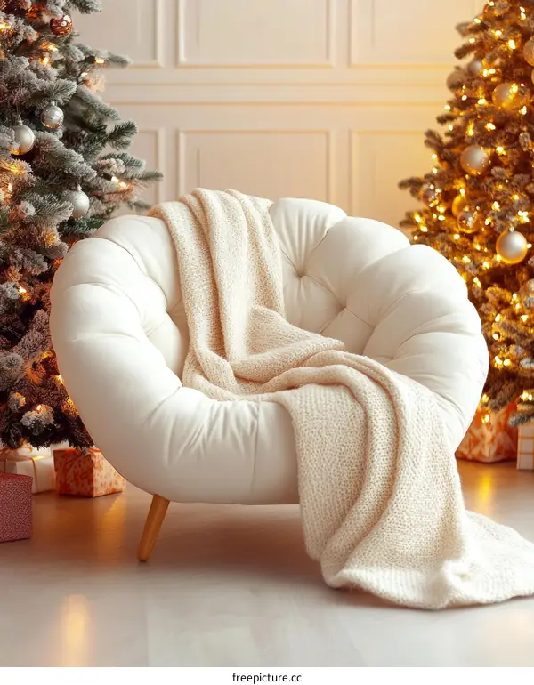Christmas Cozy Armchair with a Knitted Throw