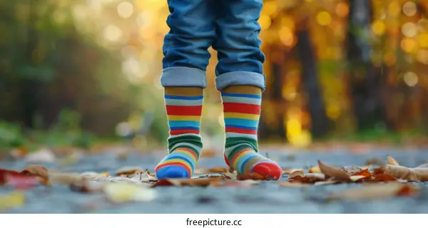 A young boy wearing colorful socks standing on a path in the woods