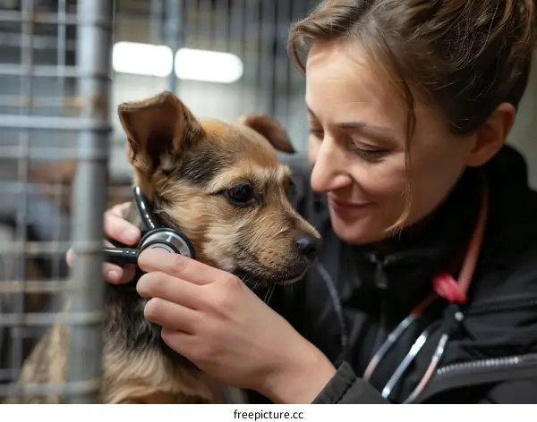 A veterinarian examining a dog's heartbeat with a stethoscope