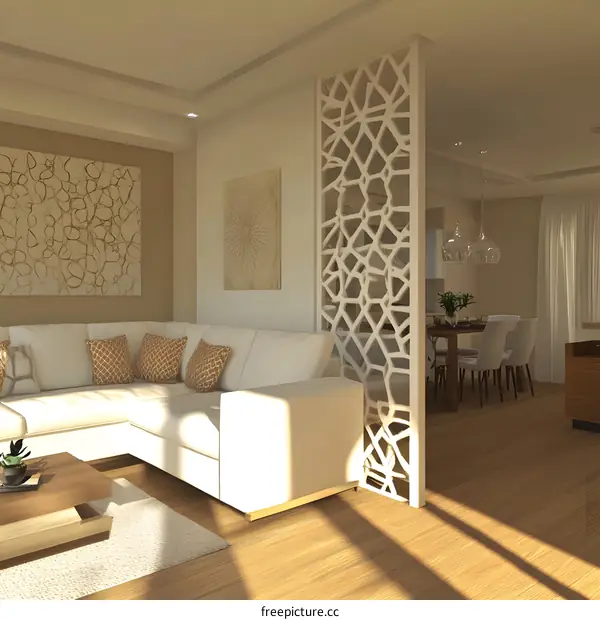 Modern Living Room Interior Design With White Sofa And Geometric Divider