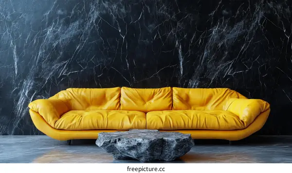 Modern Interior Design with Yellow Sofa and Marble Wall