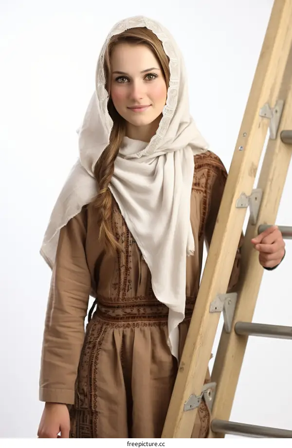 Young woman in a brown dress and white headscarf standing next to a ladder
