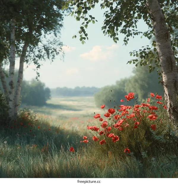 A Peaceful Meadow Field with Red Poppies and Trees