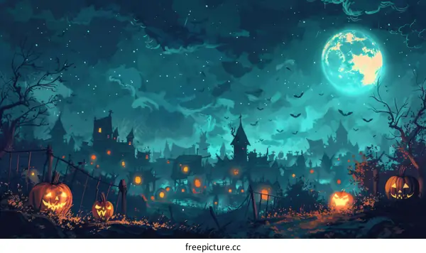 Spooky Halloween Village Illustration