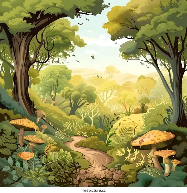 Forest Path with Mushrooms and Trees