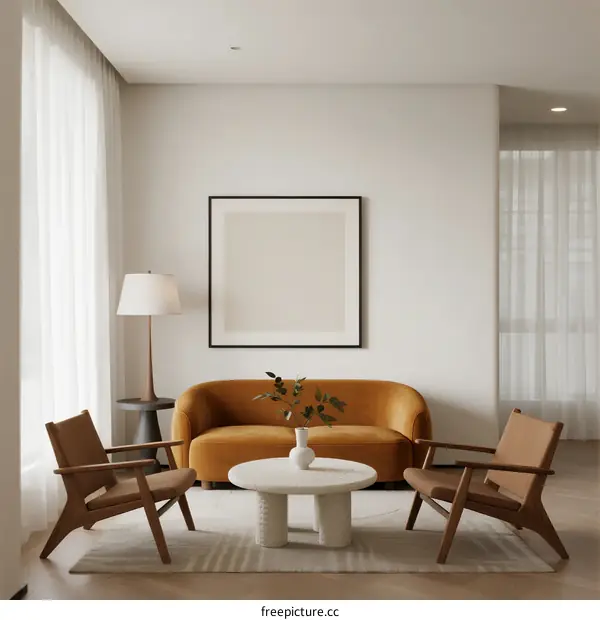 Modern living room with mustard sofa and wooden armchairs