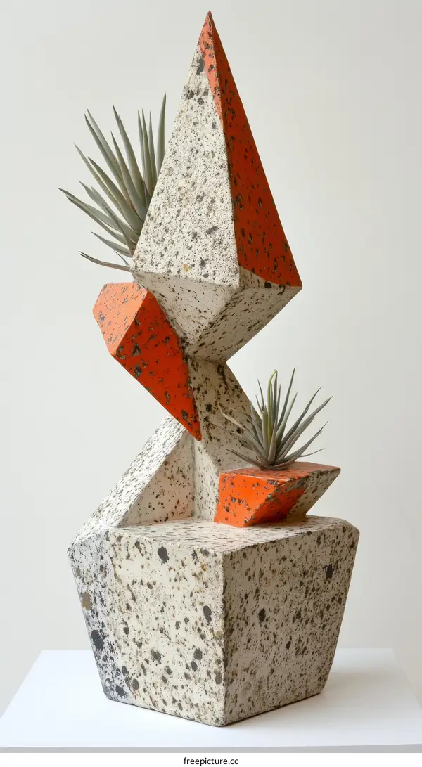 Abstract Geometric Ceramic Sculpture with Plants
