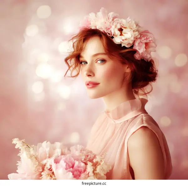 Beautiful Woman with Floral Crown and Bouquet