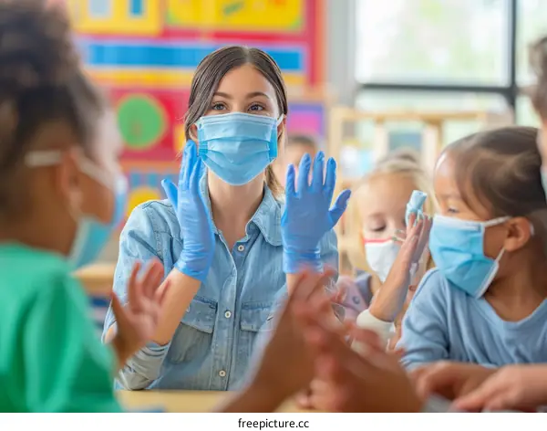 Early childhood educators wearing masks and gloves while teaching