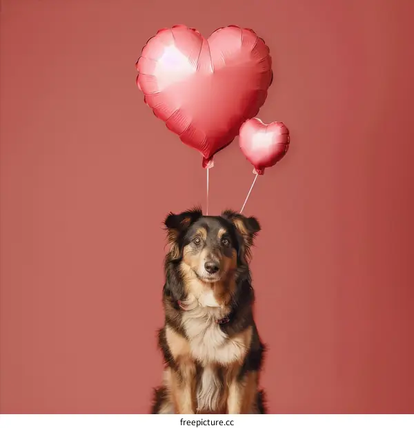 A dog with heart-shaped balloons