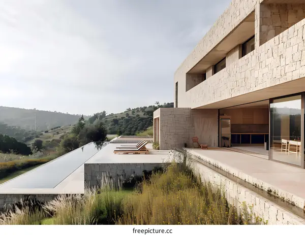 Modern Stone House with Infinity Pool and Mountain View