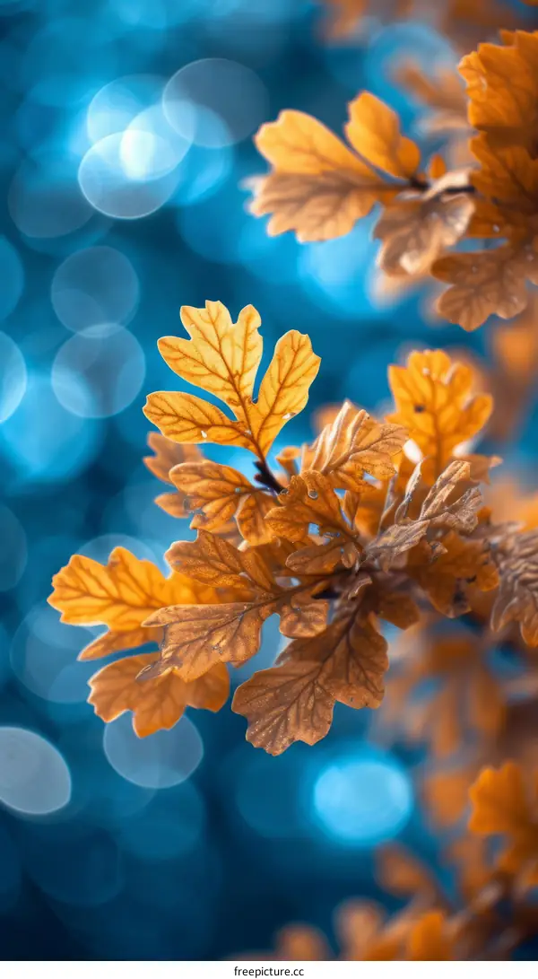 Close-up of brown and orange autumn leaves against blurred blue background