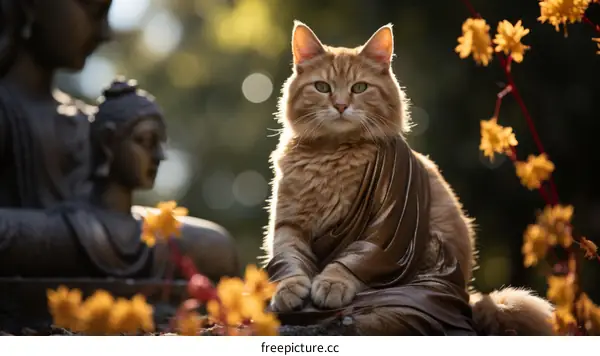 Orange Tabby Cat Meditating Before a Buddha Statue