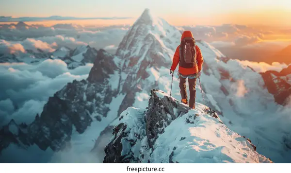 A lone mountaineer reaches the summit of a snow-capped mountain and gazes out at the view