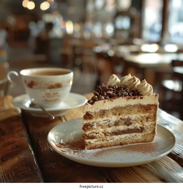 Classic Tiramisu Cake with Coffee Cup on Wooden Table