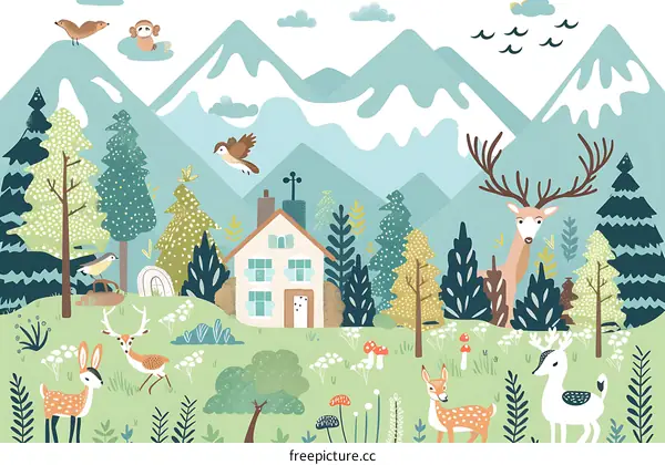 Cute Animals in a Forest Landscape with a Small House