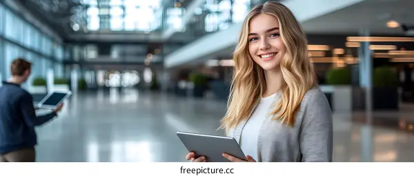 Smiling Woman Using Tablet in Modern Office Building
