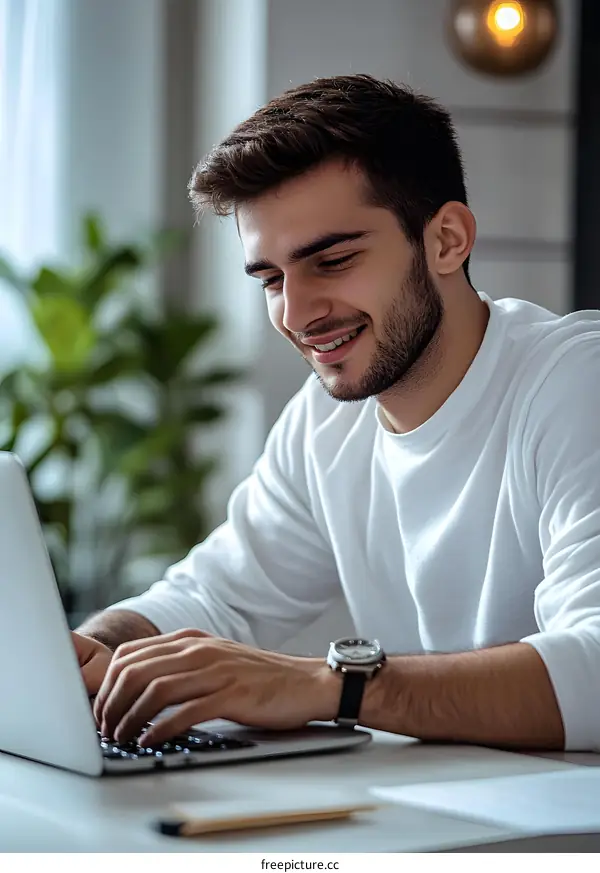 Young Man Smiling While Typing On Laptop At Home