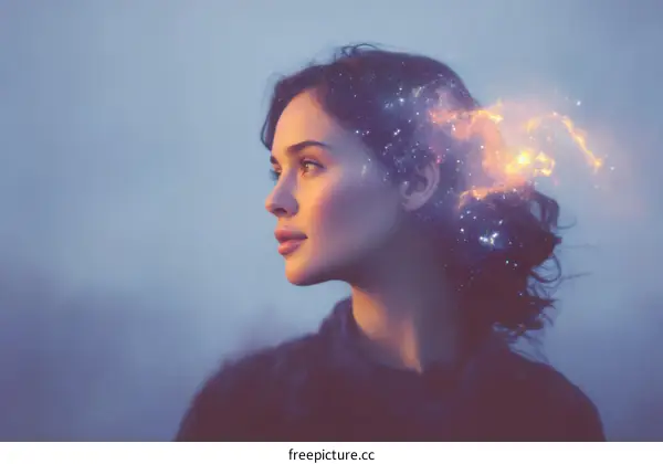 A Woman with Cosmic Nebula Light Emerging from Her Head