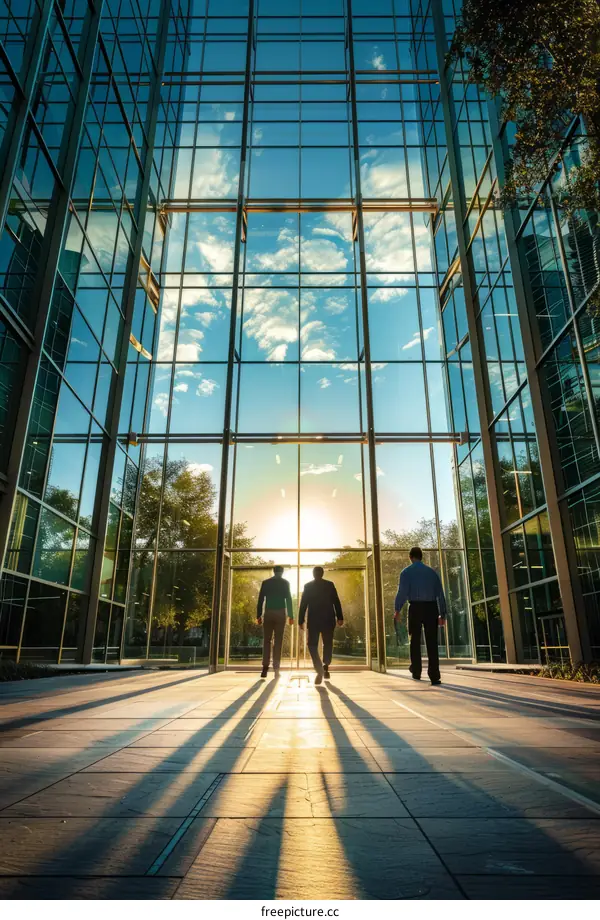 Three businessmen walking towards the setting sun in front of a glass building