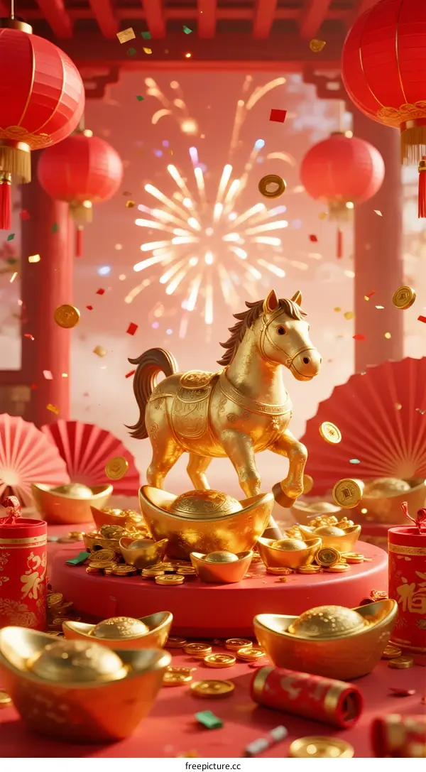 Golden Horse Statue Decorated with Chinese New Year Elements and Fireworks