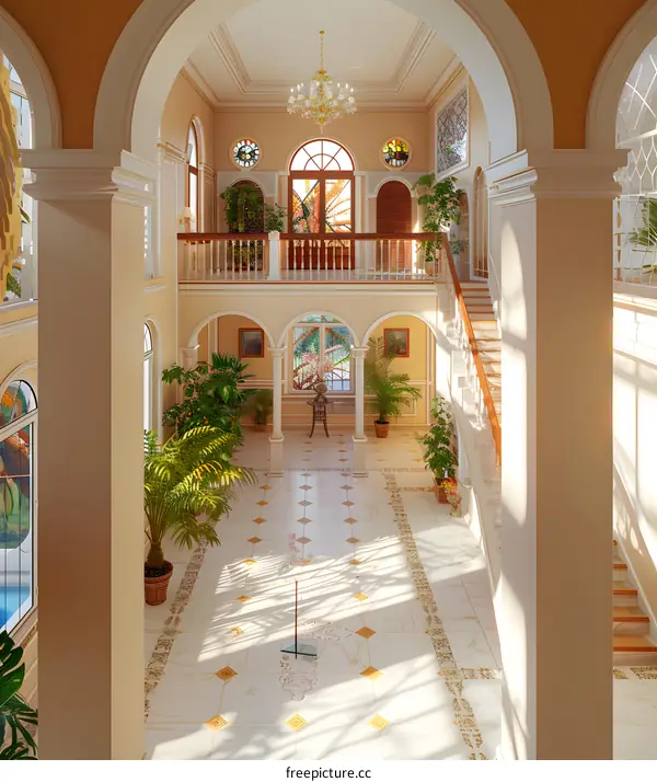 Luxury Home Interior Design with Stained Glass Windows and Staircase