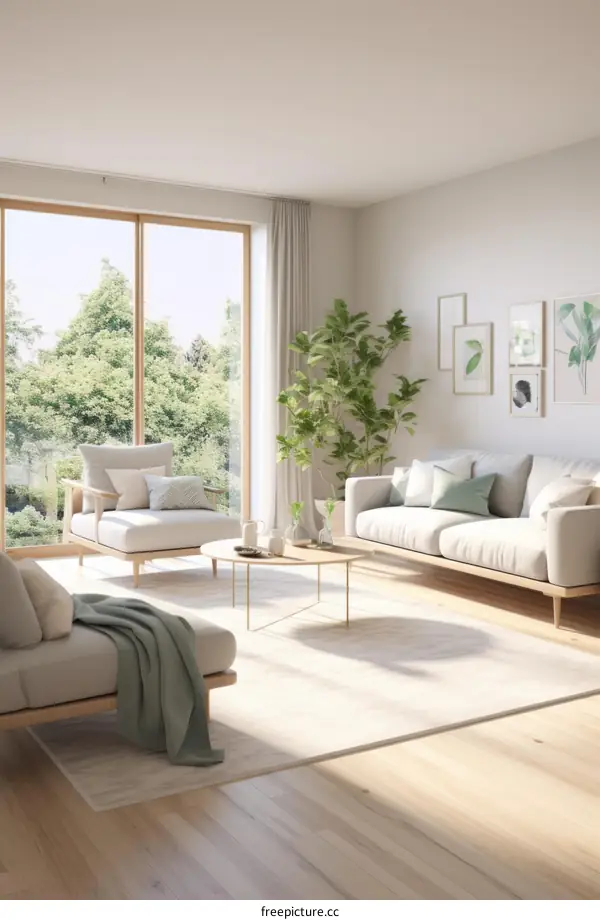 Bright Scandinavian Living Room with Large Windows and Green Plants