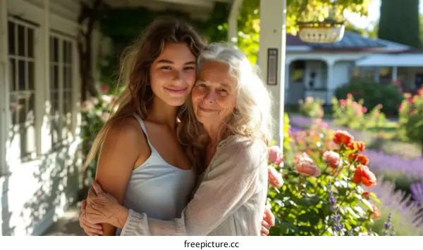 An Elderly Woman and a Young Woman Smile and Hug on a Porch