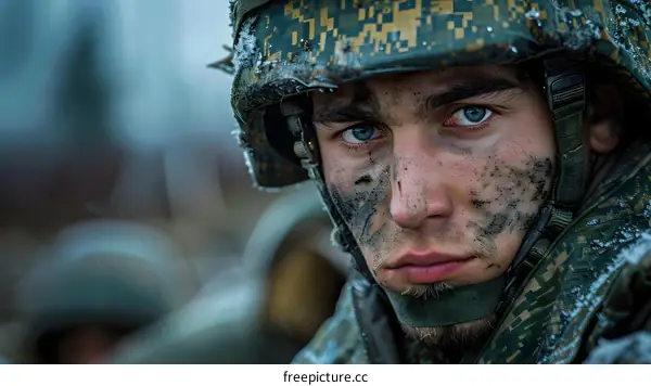 Portrait of a soldier with blue eyes and a camouflage helmet. The soldiers face is dirty and he is wearing a military uniform.