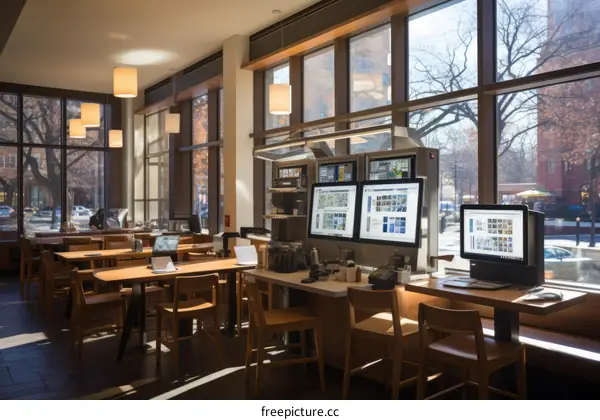 Modern library interior with large windows and wooden tables and chairs