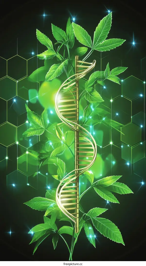 Golden DNA Spiral Amidst Lush Green Leaves