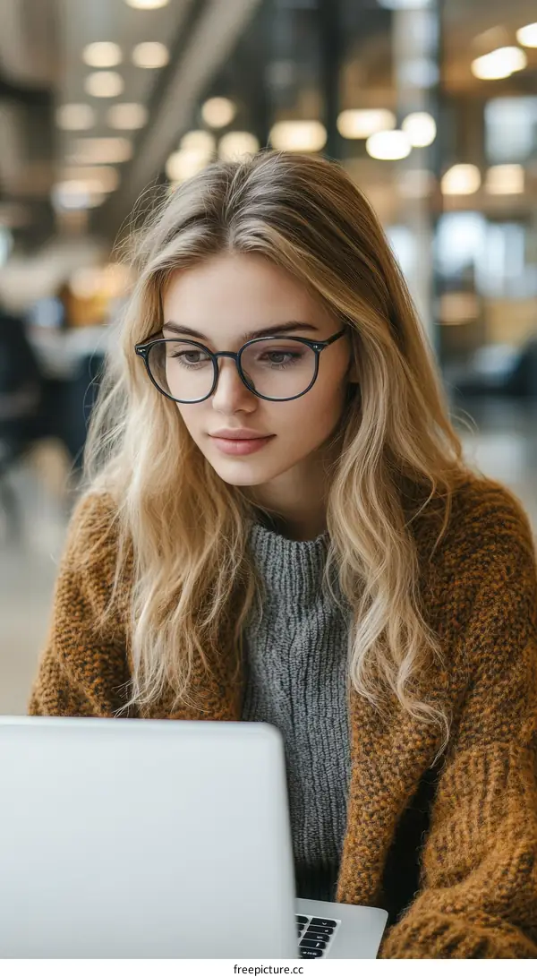 Young Woman Working on Laptop in Cafe