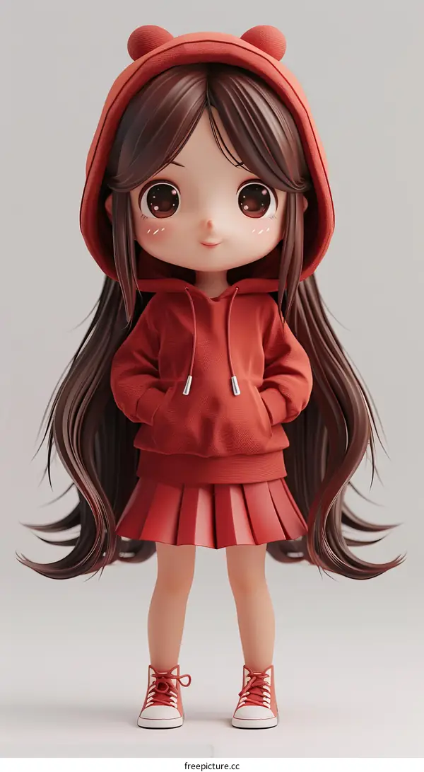 Chibi Anime Girl in Red Hoodie and Skirt