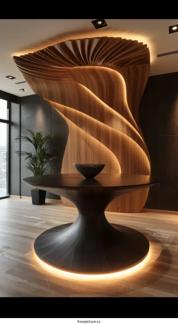 Luxury hotel lobby interior design with wooden sculptural wall and round table
