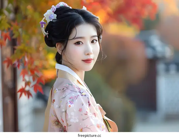 Portrait of a young woman in traditional Korean dress, or Hanbok