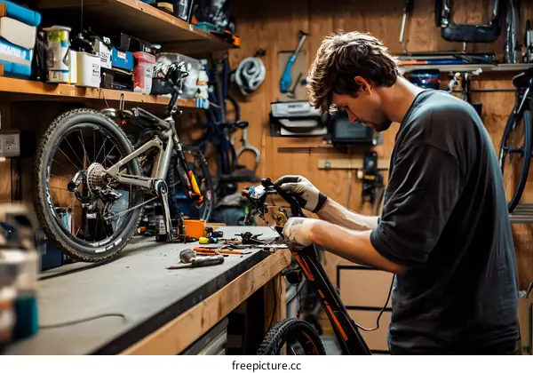 Man Working on a Bike in a Workshop
