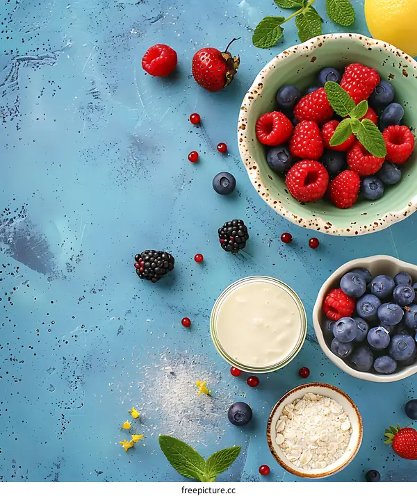 Fresh Berries with Yogurt, Oatmeal and Mint on Blue Background